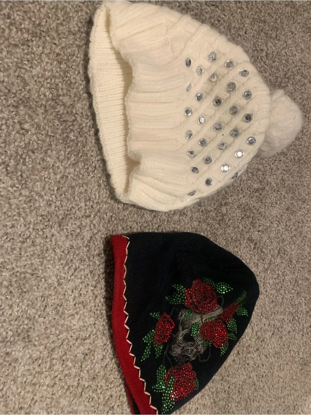 Sinful Black Beanie Hat with Red Roses and Green Leaves a beanie duo!